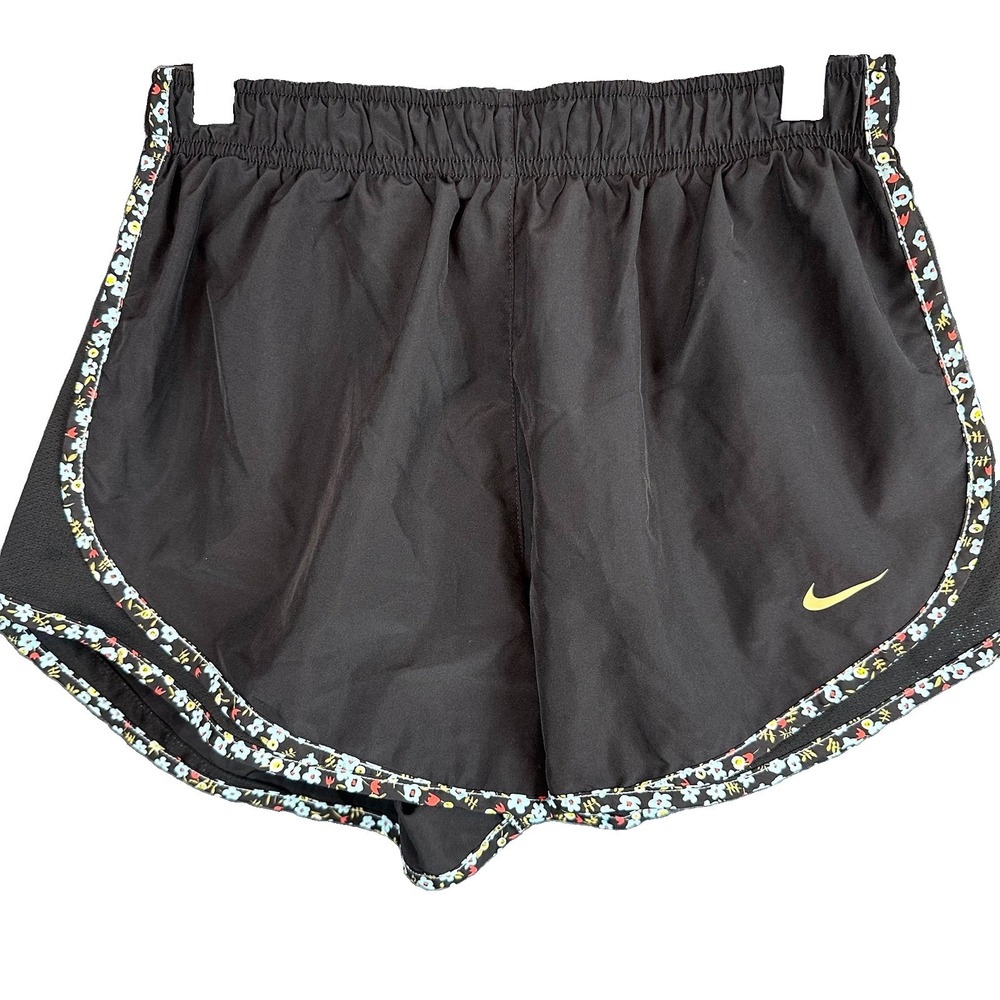 NIKE black Recycled Poly Floral Trim Running Drawstring Workout Logo Shorts M